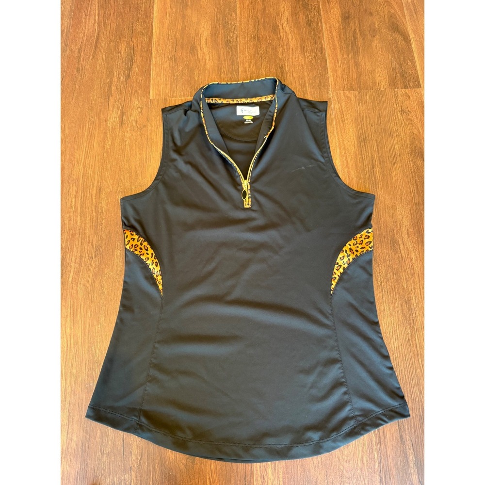 Greg Norman Black Sleeveless Golf Polo Leopard Print Quarter Zip M Play Dry Tech